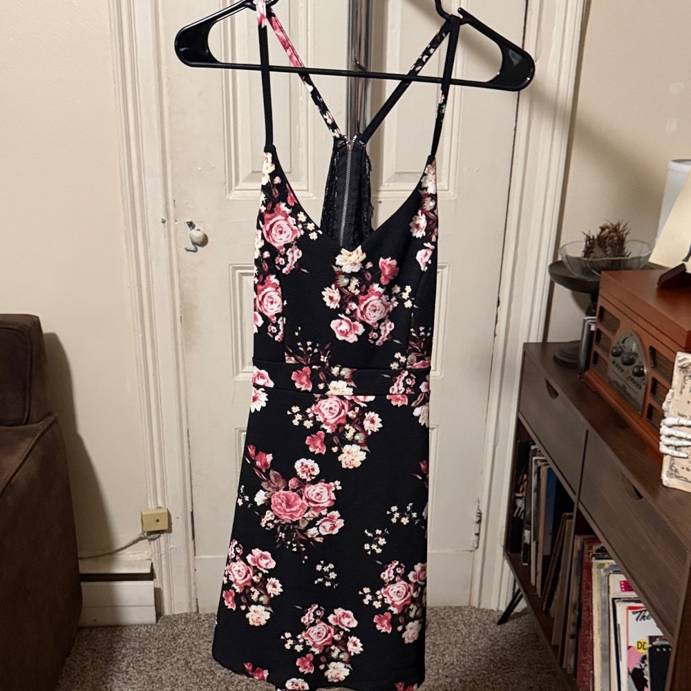 Almost Famous Black Dress with Pink Floral Design